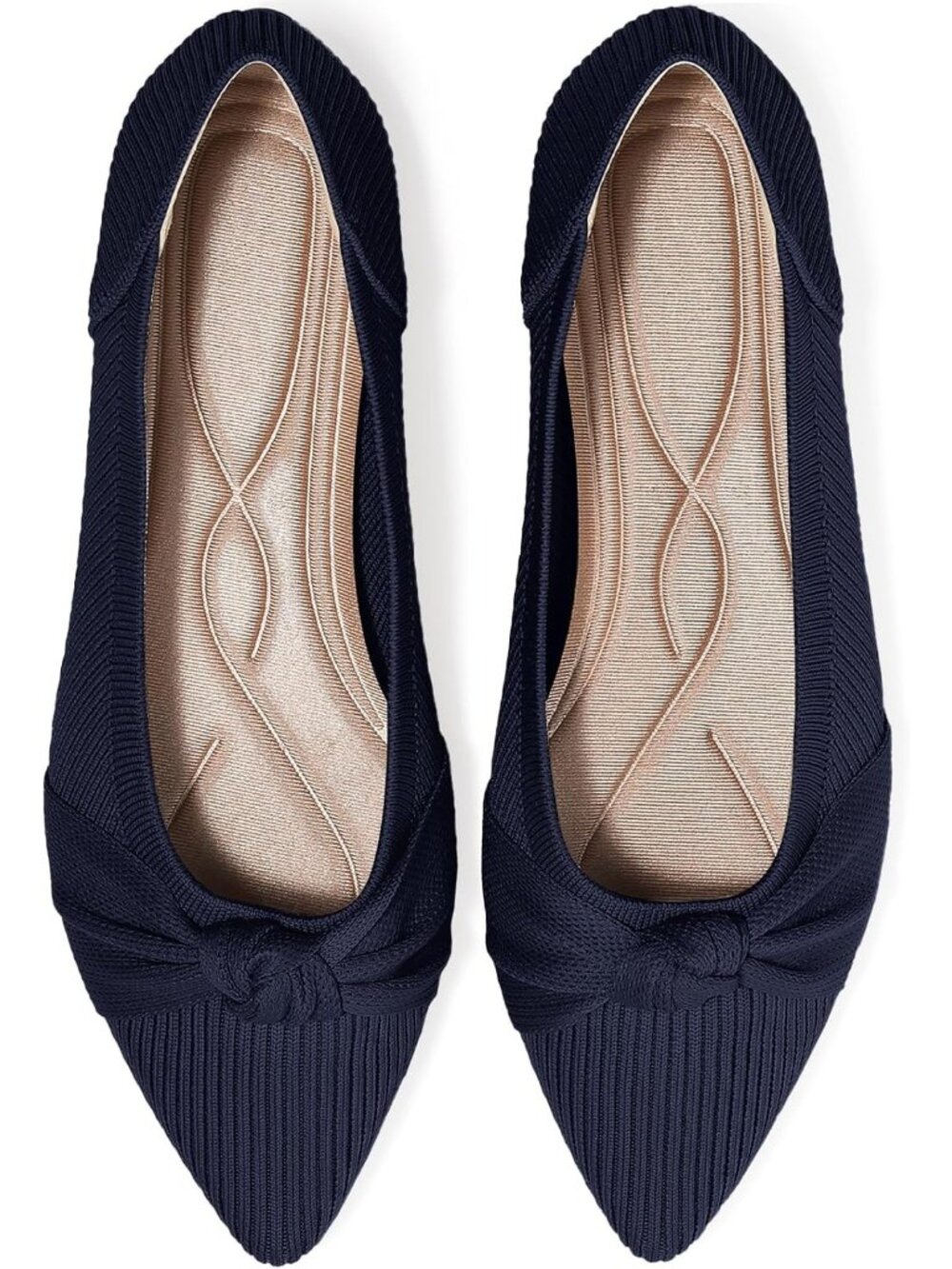 Women's Navy Pointed Toe Knit Washable Ballet Flat Comfortable Dress Shoes